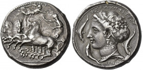 Syracuse 
Tetradrachm signed by Parmenides circa 405-400, AR 17.29 g. Fast quadriga, about to turn l., driven l. by charioteer holding kentron and re...