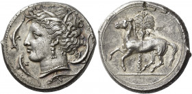 The Carthaginians in Sicily and North Africa 
Tetradrachm, uncertain mint in Sicily "people of the camp" circa 320-300, AR 16.79 g. Head of Tanit (Ko...