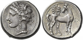 The Carthaginians in Sicily and North Africa 
Shekel, Carthago (?) circa 300-260, AR 7.63 g. Head of Tanit (Kore-Persephone) l., wearing barley-wreat...