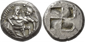 The Orrescii 
Stater circa 500-490, AR 9.42 g. OPHSKIΩ[N] retrograde Centaur holding a protesting nymph in his arms r.; above, pellet. Rev. Quadripar...