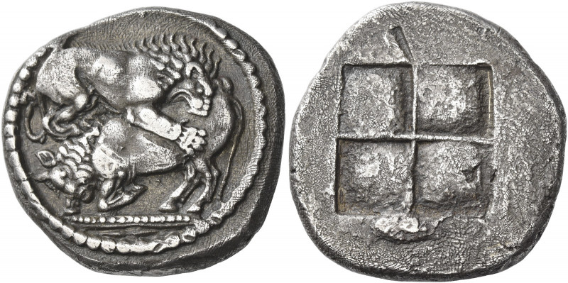 Macedonia, Acanthus 
Tetradrachm circa 500-480, AR 16.34 g. Bull crouching to l...