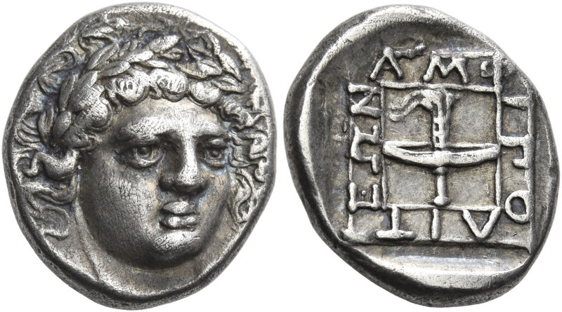 Amphipolis 
Drachm circa 369-368, AR 3.53g. Head of Apollo facing slightly r., ...