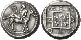 Mende 
Tetradrachm circa 460-425, AR 17.08 g. Elderly Dionysus, wearing ivy wreath and himation, reclining on mule's back l., holding cantharus with ...