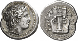 Olynthus, the Chalcidian League 
Tetradrachm circa 370-367, AR 14.44 g. Laureate head of Apollo r. Rev. Χ - Α - Λ / ΚΙΔ / ΕΩΝ Cithara with seven stri...