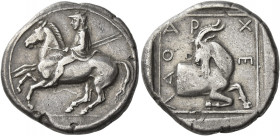 Archelaos I, 413 – 399 
Didrachm, Aigai circa 413-399, AR 10.31g. Horseman, wearing kausia and chlamys, galloping l. and holding two spears; traces o...