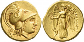Philip III Arrhideos, 323 – 317 
Stater struck in name of Alexander III, Magnesia ad Meandrum 323-319, AV 8.48 g. Head of Athena r., wearing triple-c...