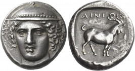 Aenus 
Tetradrachm circa 402-399, AR 15.65 g. Facing Head of Hermes, slightly to l., wearing brimless petasus. Rev. AINI – O Goat standing r.; in r. ...