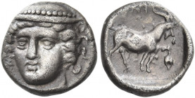 Aenus 
Diobol circa 402-399, AR 1.26 g. Head of Hermes facing slightly to l., wearing petasus with pelleted rim. Rev. [AI]NI Goat standing r.; in fro...