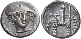 Aenus 
Drachm circa 357-341, AR 3.74 g. Head of Hermes facing, slightly to r., wearing a brimless petasus. Rev. AINIO[N] Cult statue of Hermes Perphe...