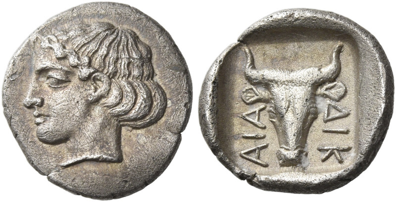 Chersonesus 
Diobol (?) circa 450-425, AR 1.15 g. Female head l. Rev. ΔΙΚ – ΑΙΑ...