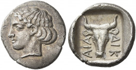 Chersonesus 
Diobol (?) circa 450-425, AR 1.15 g. Female head l. Rev. ΔΙΚ – ΑΙΑ Bull’s head facing within incuse square. Traité 1436 and pl. CCCXL, 1...