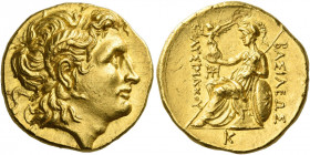 Kings of Thrace, Lysimachus 323-281 and posthumous issues
Stater, Pella circa 286-281, AV 8.54 g. Diademed head of deified Alexander III r., with hor...