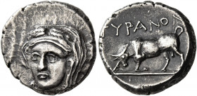 Sarmatya, Tyra 
Drachm circa 350-300, AR 5.79 g. Veiled head of Demeter facing slightly l., wearing wreath of grain ears. Rev. TYPANON Bull butting l...