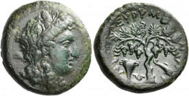 Eurymenai 
Trichalkon circa 352-344, Æ 7.02 g. Head of Dionysus r., wearing ivy wreath. Rev. ΕΥΡΥΜΕΝΑΙΩΝ Grape vine with leaves and six bunches; in r...