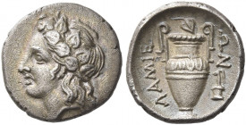 Lamia 
Obol circa 360-350, AR 0.85 g. Head of Dionysus l., wearing ivy wreath. Rev. ΛΑΜΙΕ – ΩΝ Amphora; above, ivy leaf; in r. field, prochous with h...