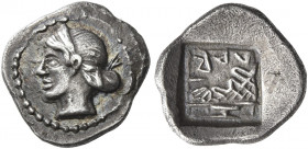 Larissa 
Obol circa 500-479, AR 1.11 g. Head of the nymph Larissa l., her hair bound with a ribbon and tied at the back. Rev. ΛΑRΙ / Ξ Jason’s sandal...