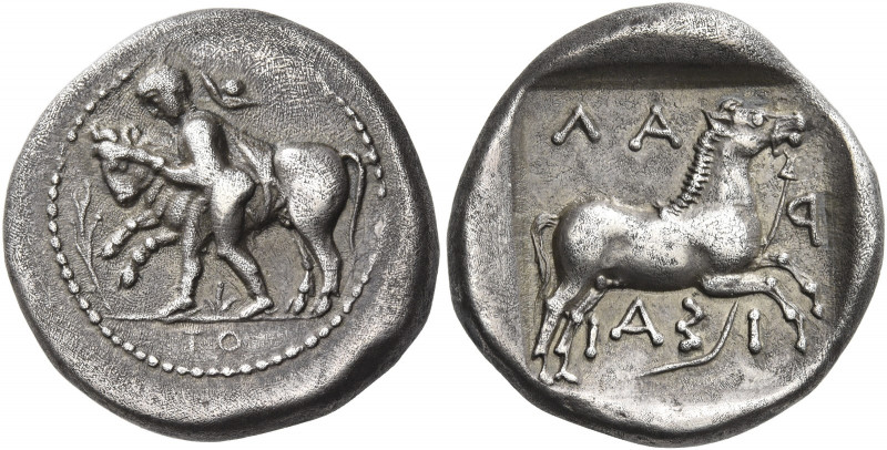 Larissa 
Drachm circa 460-440, AR 6.08 g. Thessalos, with petasus and cloak ove...