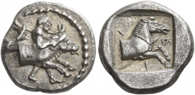 Larissa 
Hemidrachm circa 460-440, AR 3.01 g. Hero holding a band around the head of the forepart of a bull r. Rev. ΛΑ – R – Ι Forepart of bridled ho...