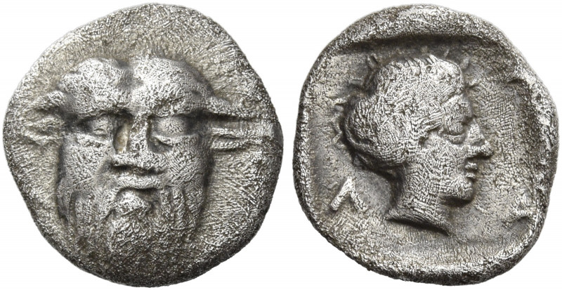 Larissa 
Trihemiobol circa 420-400, AR 0.99 g. Head of horned and bearded river...