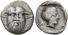 Larissa 
Trihemiobol circa 420-400, AR 0.99 g. Head of horned and bearded river-god facing. Rev. Λ – Α Head of the nymph Larissa r.; all within an in...