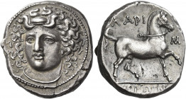 Larissa 
Didrachm circa 356-342, AR 12.29 g. Head of the nymph Larissa facing, slightly l., wearing ampyx. Rev. ΛAPI – Σ – AIΩN Bridled horse advanci...