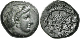 Meliboia 
Trichalkon circa 352-344, Æ 7.98 g. Head of nymph r., wearing earring. Rev. Μ]ΕΛΙΒΟΕΩΝ Bunch of grapes within ivy wreath. Helly 2004 pl. 3,...