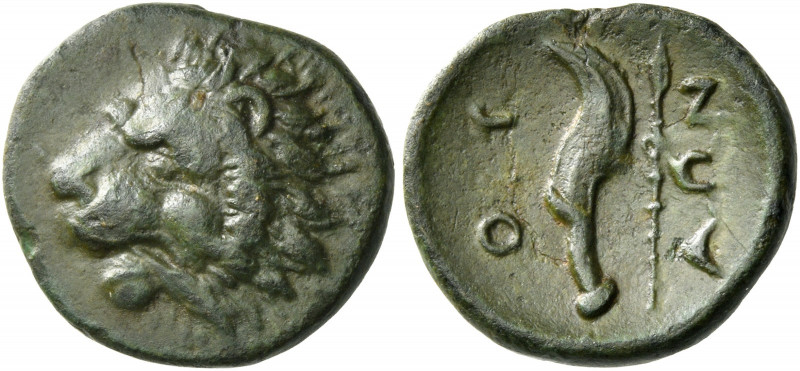 The Oitaioi 
Chalkous, Herakleia Trachinia circa 360-340, Æ 2.08 g. Lion’s head...