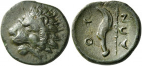 The Oitaioi 
Chalkous, Herakleia Trachinia circa 360-340, Æ 2.08 g. Lion’s head l., with spear in its jaws. Rev. ΟΙΤ / ΑΩΝ Curved knife and spear r. ...