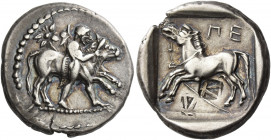 The Perrhaiboi 
Drachm circa 460-440, AR 5.88 g. Thessalian Hero walking r., with cloak and petasus, striding r., holding band around the head of bul...