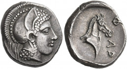 Pharsalos 
Hemidrachm mid-late V century BC, AR 3.05 g. Head of Athena r., wearing earring and crested Attic helmet with raised cheek pieces. Rev. Φ ...