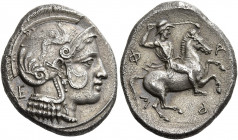 Pharsalos 
Drachm late V-mid IV century BC, AR 5.75 g. Head of Athena r., wearing pearl necklace and a crested Attic helmet adorned with a tendril an...