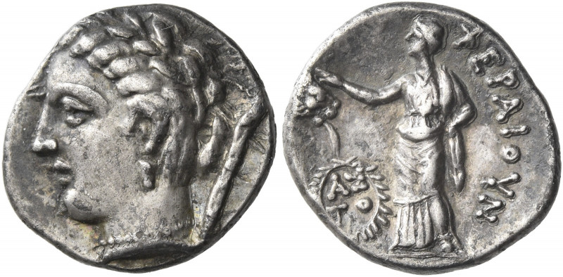 Pherai 
Hemidrachm circa 302-286, AR 2.78 g. Head of Ennodia l., wearing myrtle...