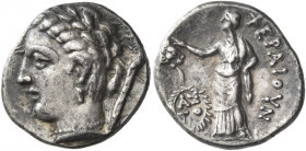 Pherai 
Hemidrachm circa 302-286, AR 2.78 g. Head of Ennodia l., wearing myrtle wreath, pendant earring and pearl necklace; behind head, torch. Rev. ...