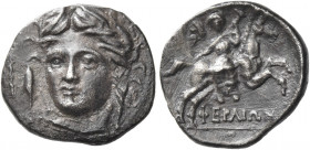 Pherai 
Hemidrachm circa 280-270, AR 2.51 g. Head of the nymph Hypereia facing, slightly l., wearing wreath of reeds, earring and necklace; in l. fie...