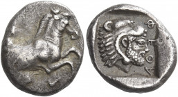 Thessalian League. 
Hemidrachm circa 470-460, AR 2.81 g. Forepart of prancing horse r., emerging from rocks; on horse’s flank, traces of a brand mark...