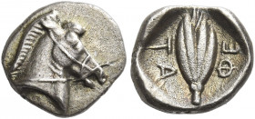 Thessalian League. 
Obol circa 470-460, AR 0.89 g. Head of bridled horse r. Rev. ΦΕ / ΤΑ Wheat grain with hull; all within incuse square. Franke, 197...