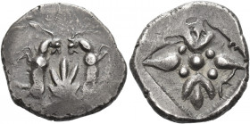 Skyros
Didrachm circa 485-480, AR 8.75 g. Two long horned and bearded goats, opposed vertically, back to back, with their heads turned inwards and th...