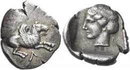 Acarnania, Leucas 
Drachm circa 430-400, AR 2.80 g. Pegasus flying r.; below, Λ. Rev. Head of Aphrodite l.; in r. field, Λ. All within incuse square....