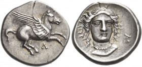 Acarnania, Leucas 
Drachm circa 380-350, AR 2.76 g. Pegasus flying r.; below, Λ. Rev. Head of Aphrodite facing, turned slightly r., wearing a pearl n...