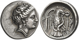 Chalcis 
Drachm circa 290-271, AR 3.69 g. Head of the nymph Chalcis r. wearing earring and necklace. Rev. X – AΛ Eagle standing r. with open wings pe...