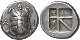 Islands off Attica, Aegina 
Stater circa 350, AR 12.26 g. A – I Tortoise seen from above. Rev. Incuse square of five skew patterns; the two upper one...