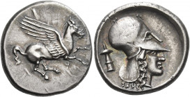 Corinthia, Corinth 
Stater circa 400-375, AR 8.56 g. Pegasus flying r.; below, koppa. Rev. Head of Athena r., wearing Corinthian helmet; in l. field,...