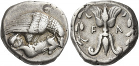 Elis, Olympia 
Stater circa 420, 90th Olympiad, AR 11.94 g. Eagle perched r. on dead hare. Rev. F – A Thunderbolt; all within olive wreath. Seltman 1...