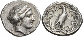 Elis, Olympia 
Stater, Hera mint 356, 106th Olympiad, AR 12.15 g. F – A Head of Hera r., wearing stephane ornamented with a palmette and a lily. Rev....