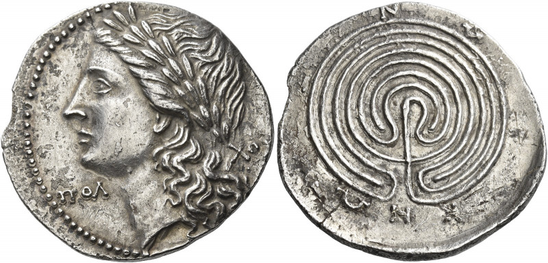 Crete, Cnossus
Tetradrachm circa 80, AR 13.76 g. Laureate head of Apollo l.; in...