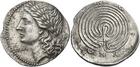 Crete, Cnossus
Tetradrachm circa 80, AR 13.76 g. Laureate head of Apollo l.; in fields, ΠOΛ –XOΣ. Rev. KNΩ – Σ – I – ΩN Labyrinth. BMC 41 (these dies...