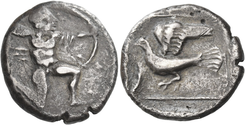 Praisos
Stater circa 350, AR 11.03 g. Heracles (?) kneeling r., holding bow and...