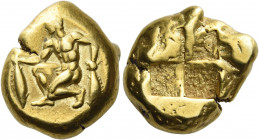 Mysia, Cyzicus 
Stater circa 500-450, EL 15.94 g. Naked youth kneeling l., holding tunny-fishes in each hand. Rev. Quadripartite incuse square. Green...