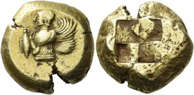 Mysia, Cyzicus 
Stater circa 550-500, EL 16.09 g. Draped and winged female bust l.; to l., tunny-fish. Rev. Quadripartite incuse square. Greenwell 98...