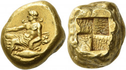 Mysia, Cyzicus 
Stater circa 450-400, EL 16.10 g. Youthful Dionysus, wearing a himation, reclining l. on a rock, which is covered with a panther’s sk...